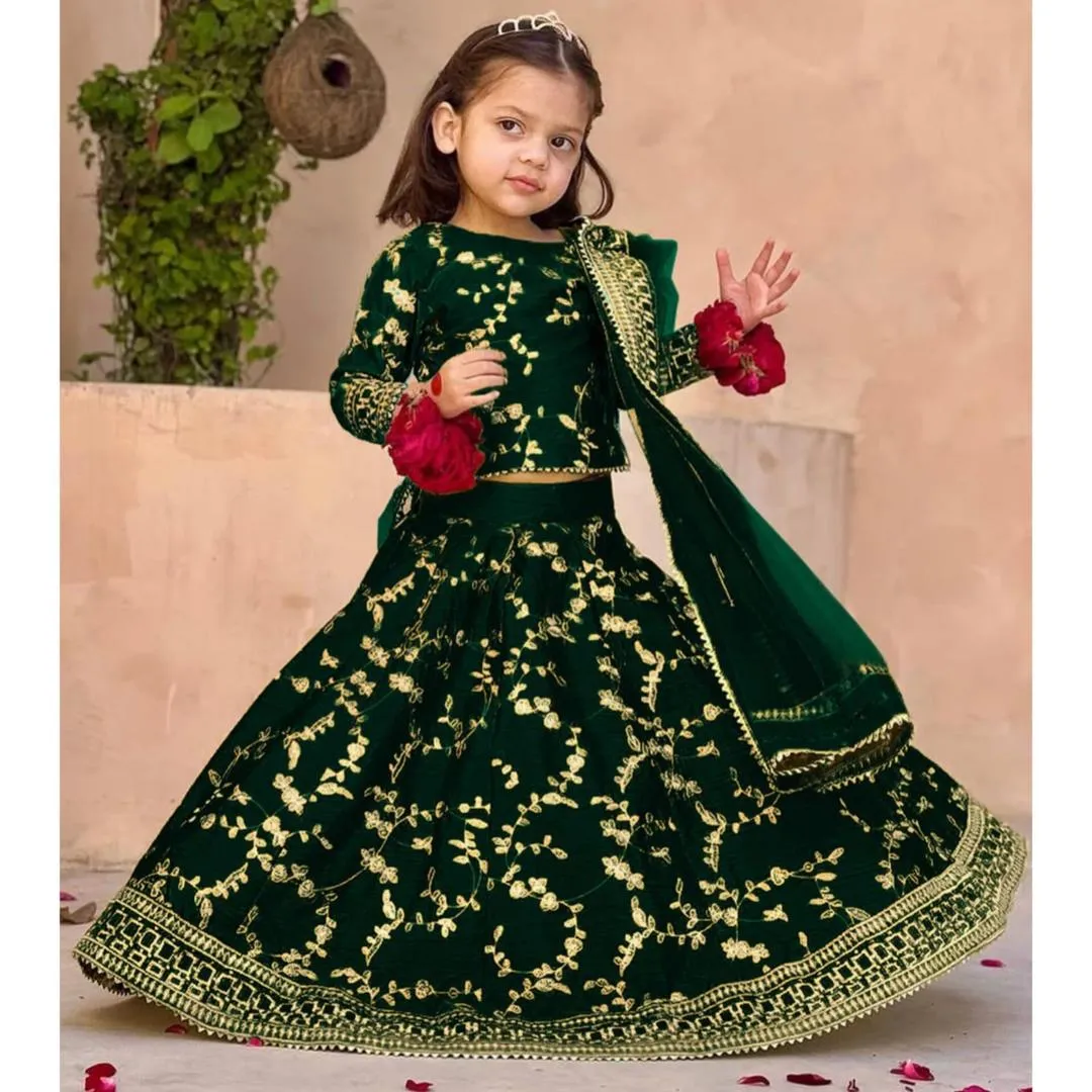 3 Pcs Girl's Shamoz Silk Embroidered Shirt And Skirt Set