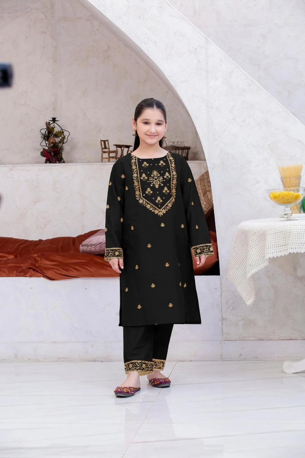 2 Pcs Girl's Linen Embroidered Shirt And Trouser Suit