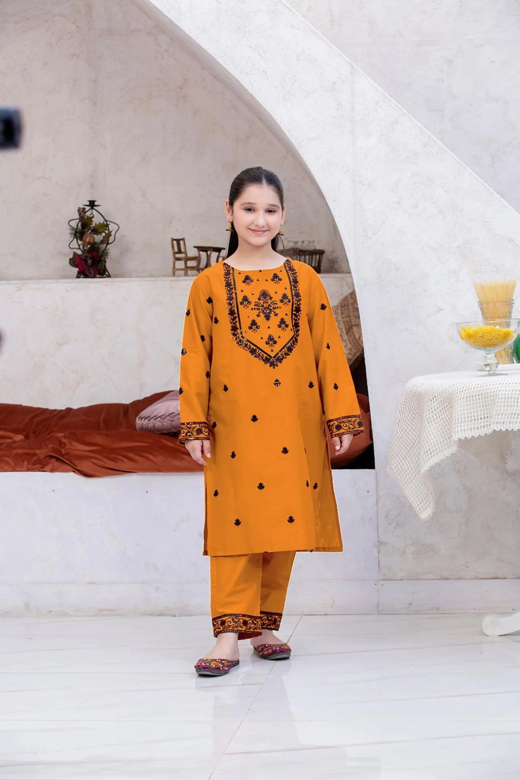 2 Pcs Girl's Linen Embroidered Shirt And Trouser Suit
