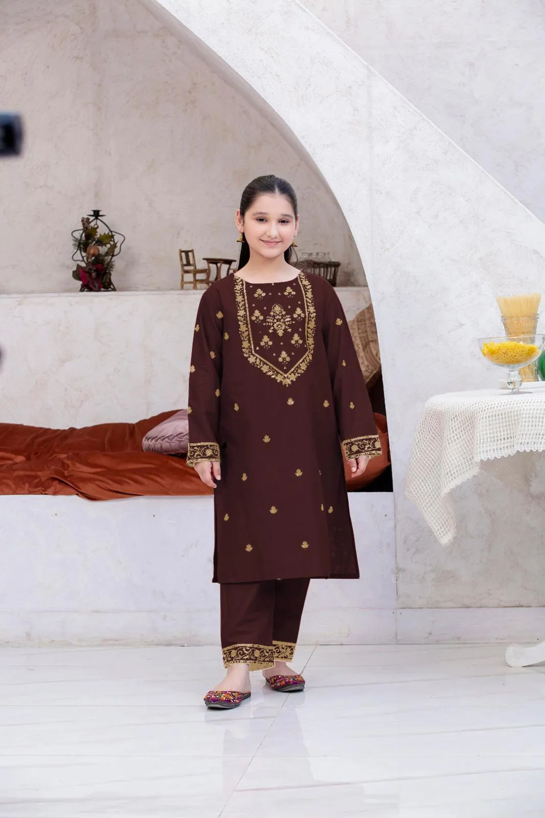2 Pcs Girl's Linen Embroidered Shirt And Trouser Suit