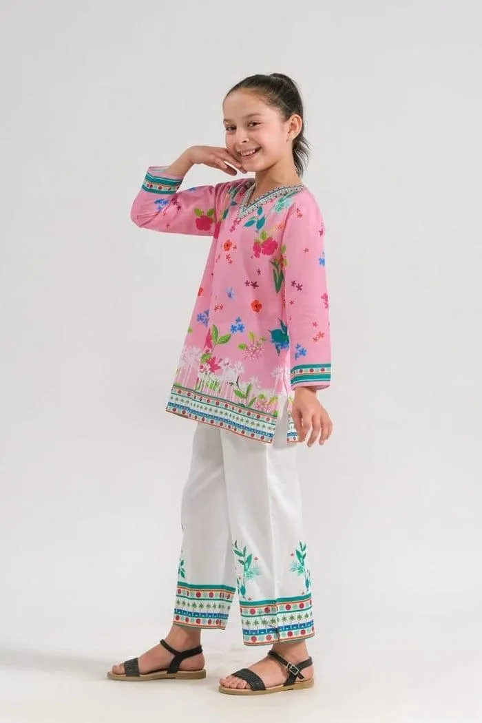 2 Pcs Girl's Lawn Printed Shirt And Trouser Suit