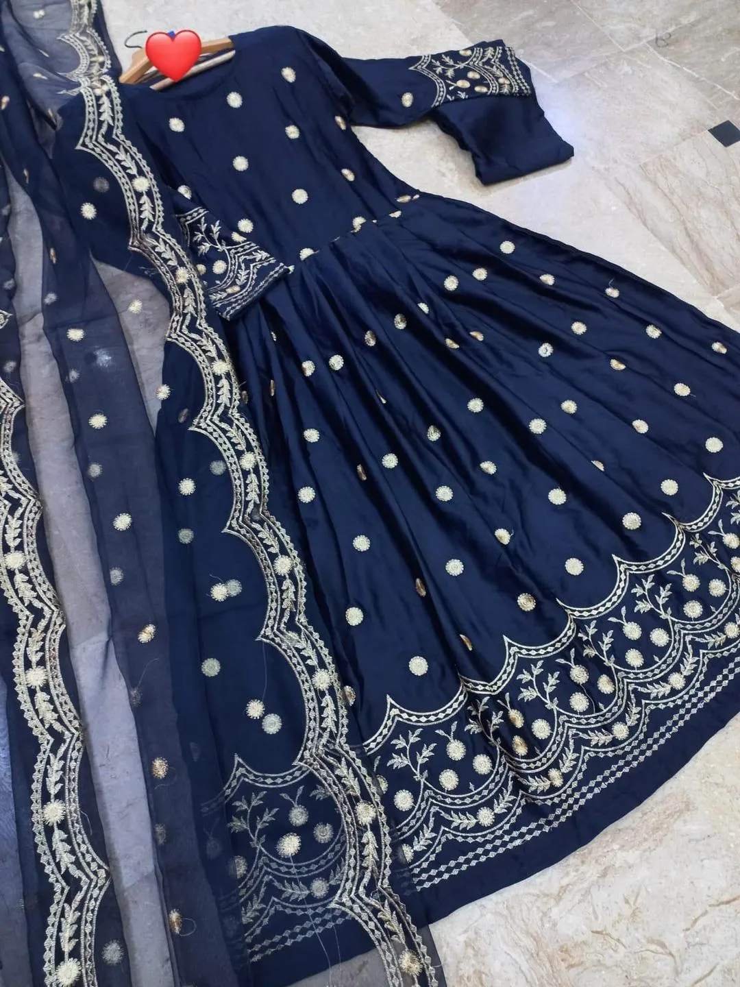 Navy Blue Shamoz Silk 3-Piece Festive Set with Gold Embroidery
