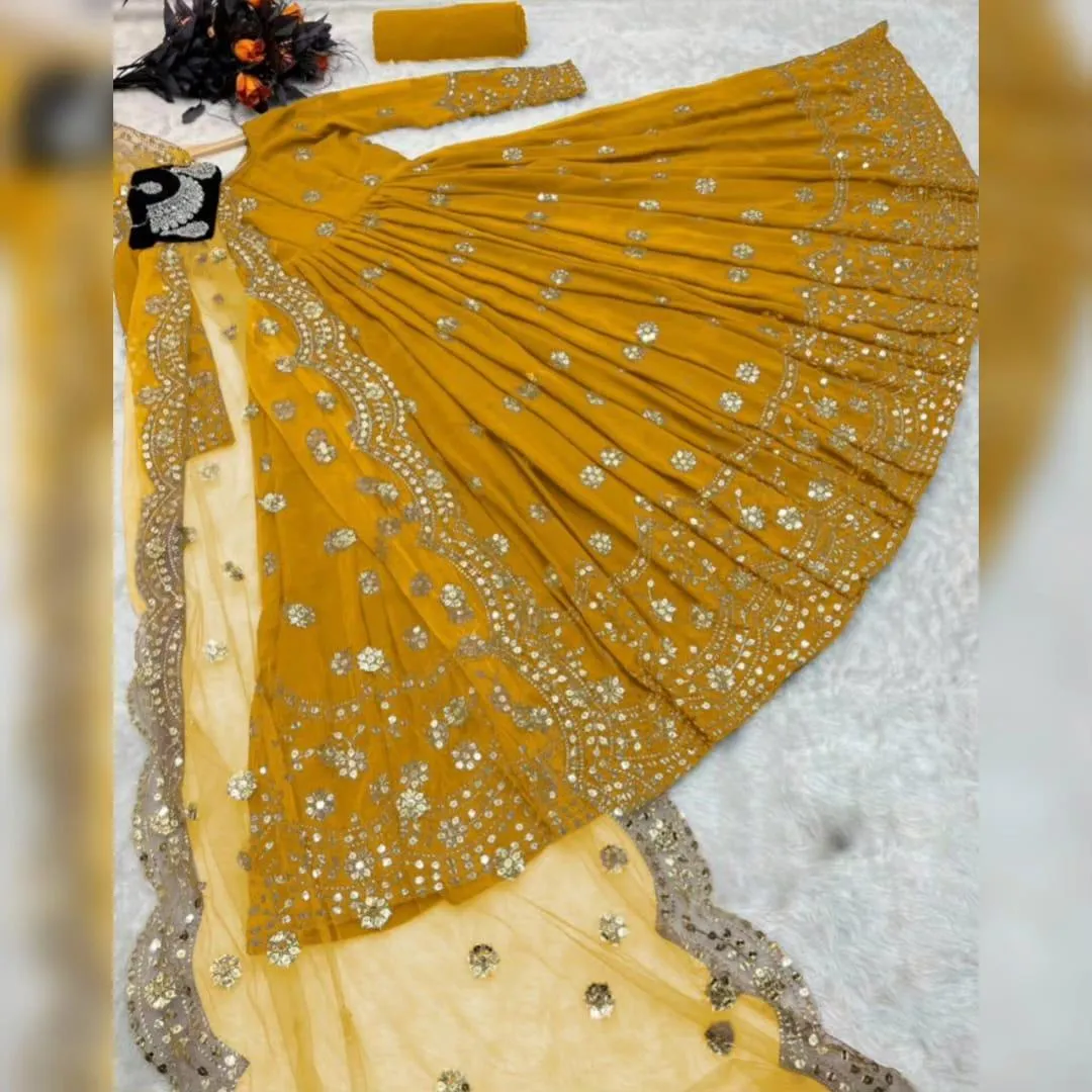 Mustard Embroidered Maxi Set with Dupatta