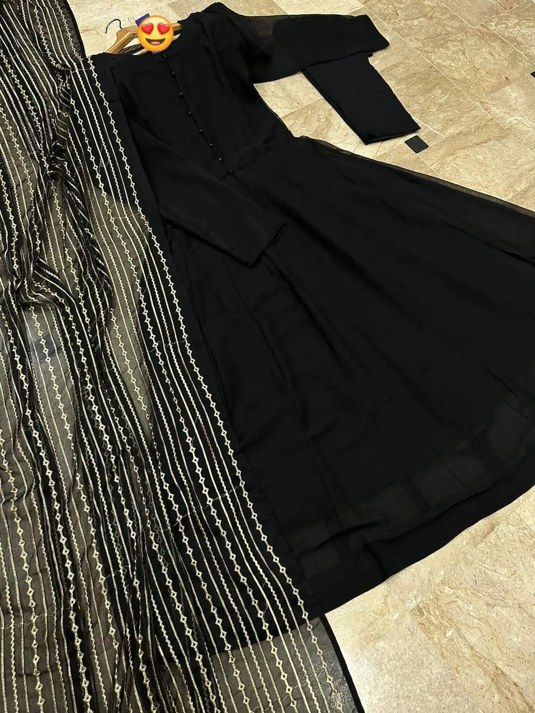 Black Chiffon 3Pcs Maxi Set with Embroidered Dupatta
