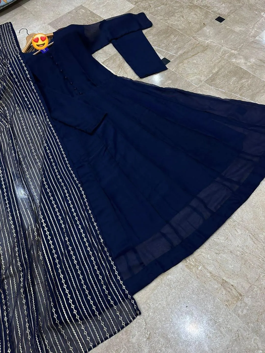 Blue Chiffon 3Pcs Maxi Set With Embroidered Dupatta