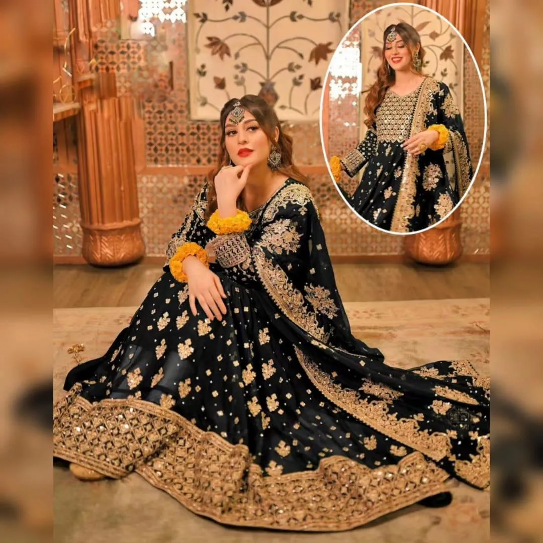 3 Pcs Women's Stitched Chiffon Hand Work Maxi And Trouser