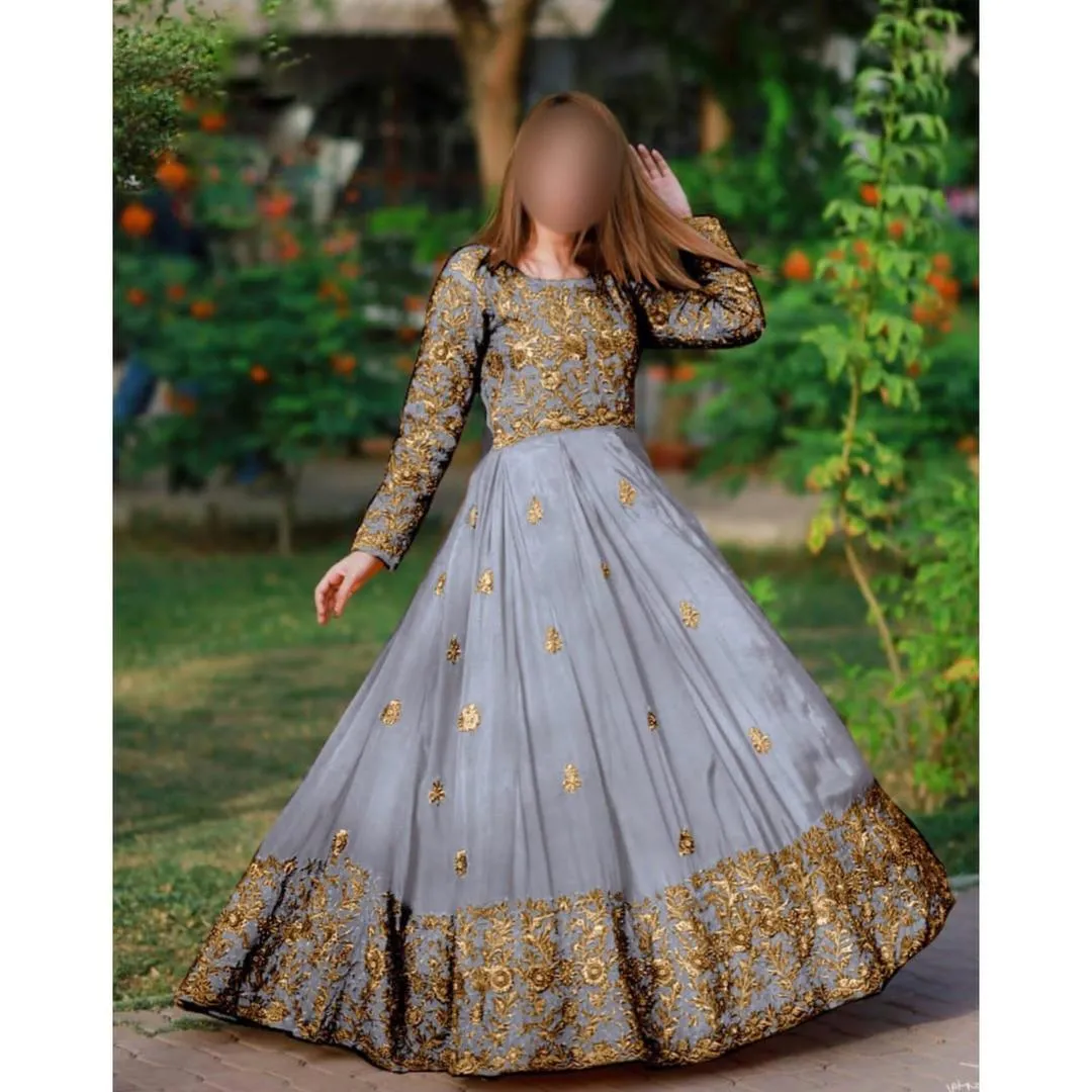 Grey Embroidered Silk Maxi & Trouser Set