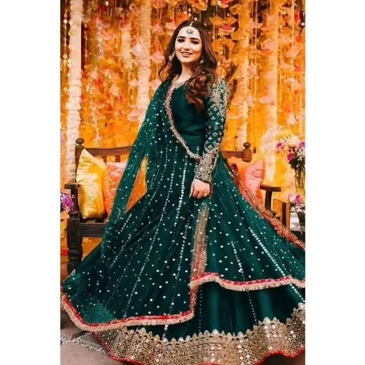 3 Pcs Women's Stitched Shamoz Silk Mirror Work Maxi And Trouser