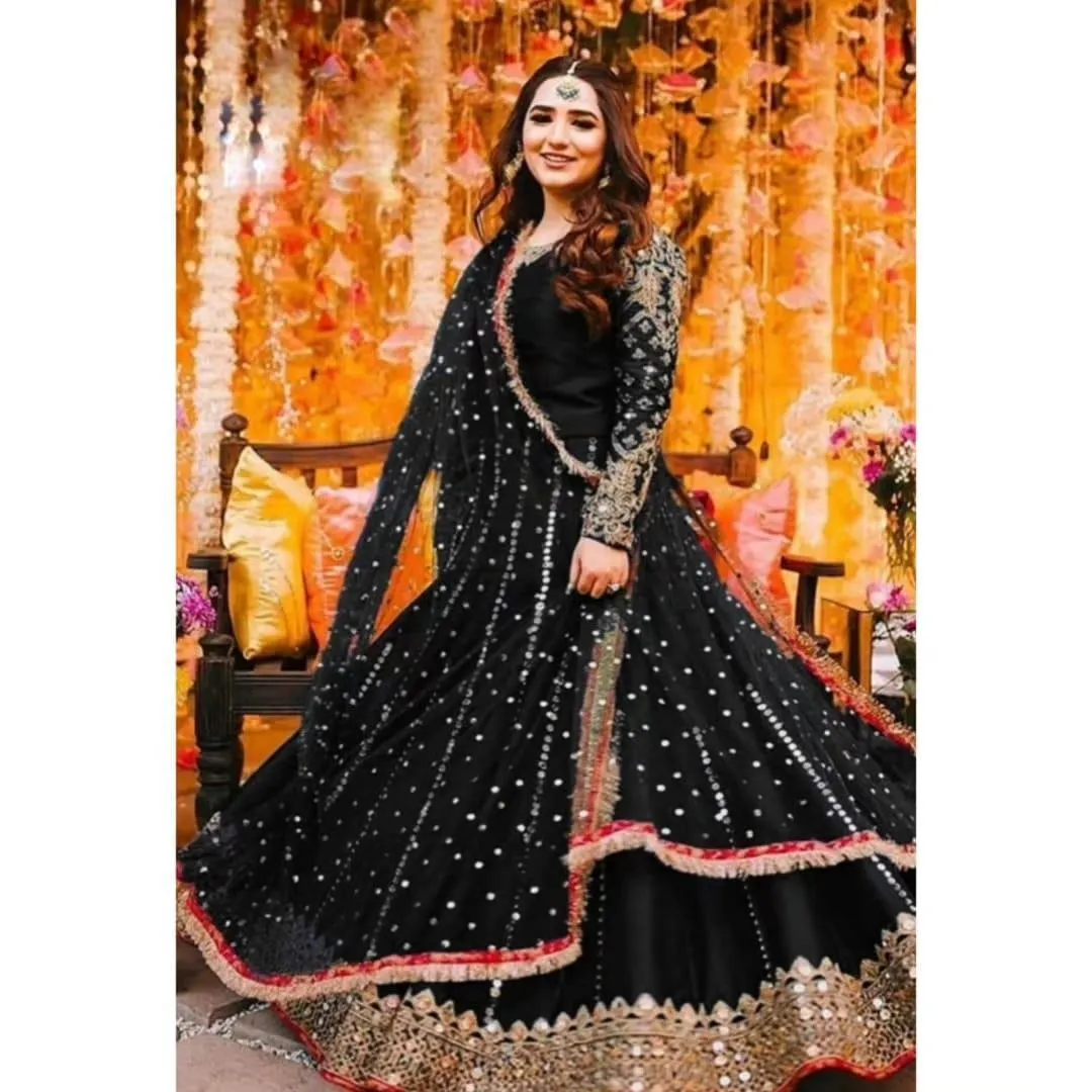 3 Pcs Women's Stitched Shamoz Silk Mirror Work Maxi And Trouser