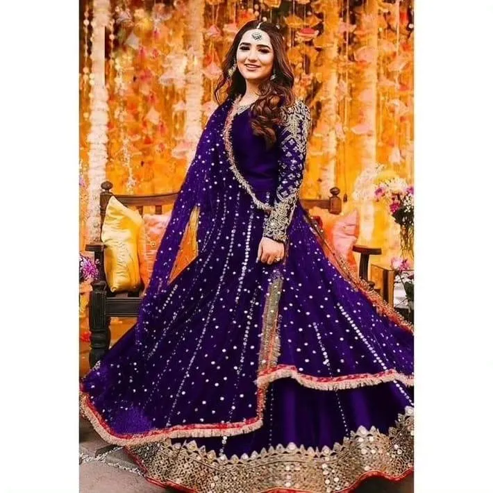 3 Pcs Women's Stitched Shamoz Silk Mirror Work Maxi And Trouser