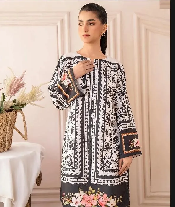 2 Pcs Women's Stitched Linen Printed Shirt And Trouser