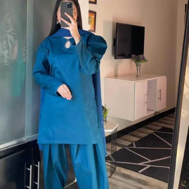 2 Pcs Women's Stitched Katan Silk Plain Shirt And Trouser