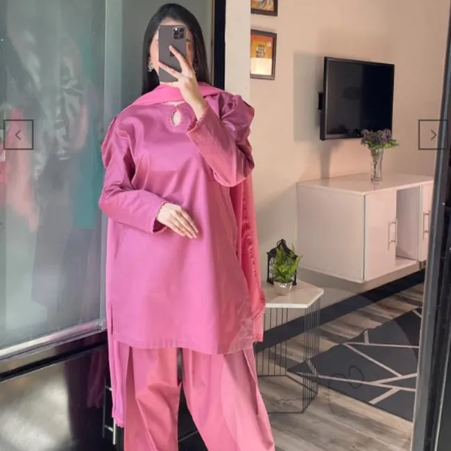 2 Pcs Women's Stitched Katan Silk Plain Shirt And Trouser