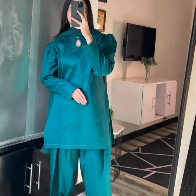 2 Pcs Women's Stitched Katan Silk Plain Shirt And Trouser