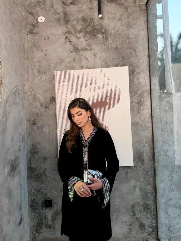 2 Pcs Women's Stitched Velvet Plain Shirt And Trouser