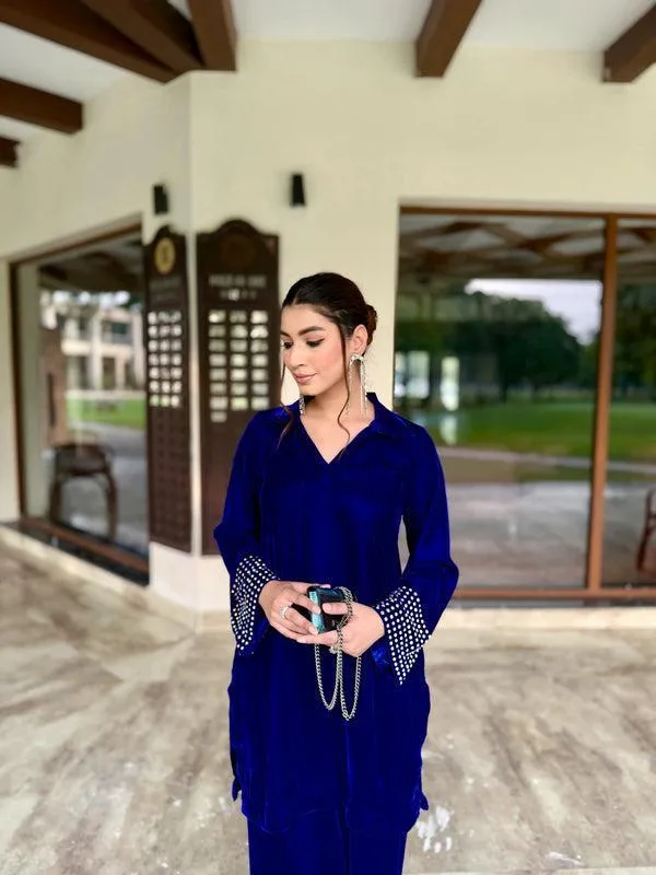 2 Pcs Women's Stitched Velvet Plain Shirt And Trouser