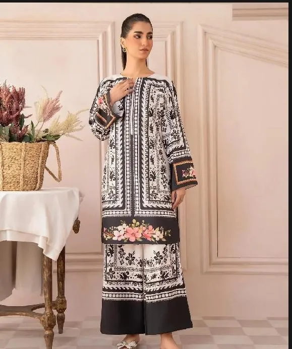 2 Pcs Women's Stitched Linen Printed Shirt And Trouser