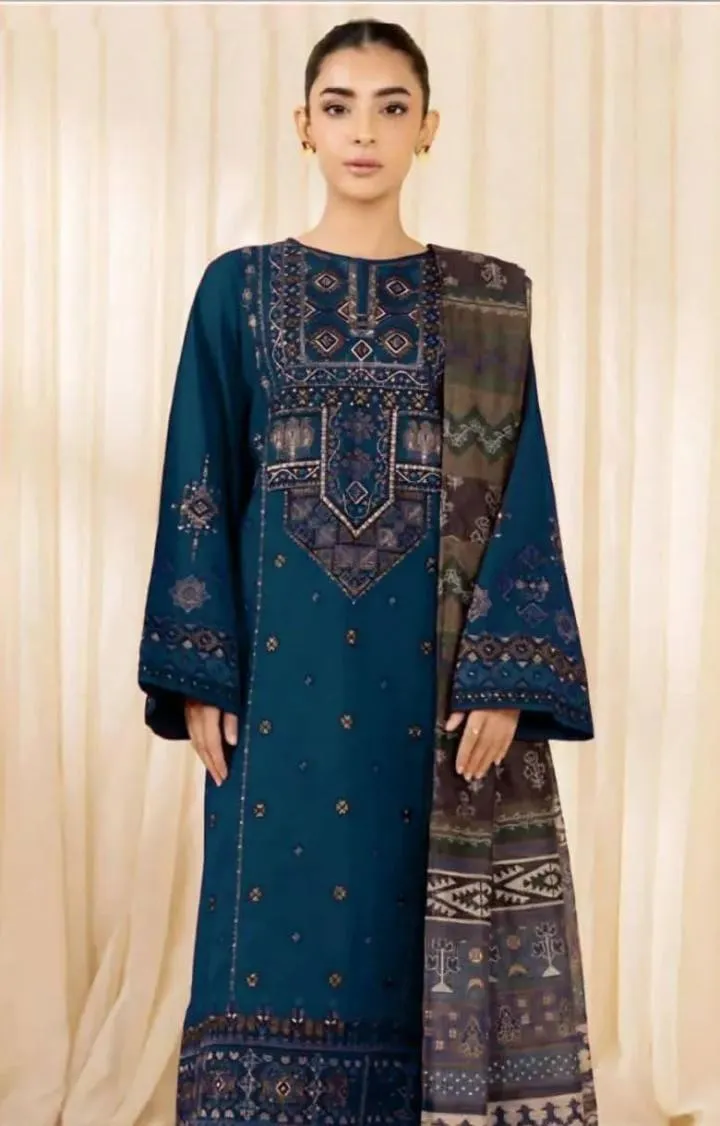 3 Pcs Women's Unstitched Embroidered Suit