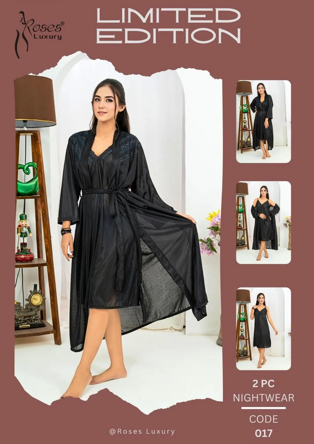 2 Pcs Women's Stitched Silk Lace-Work Night Suit