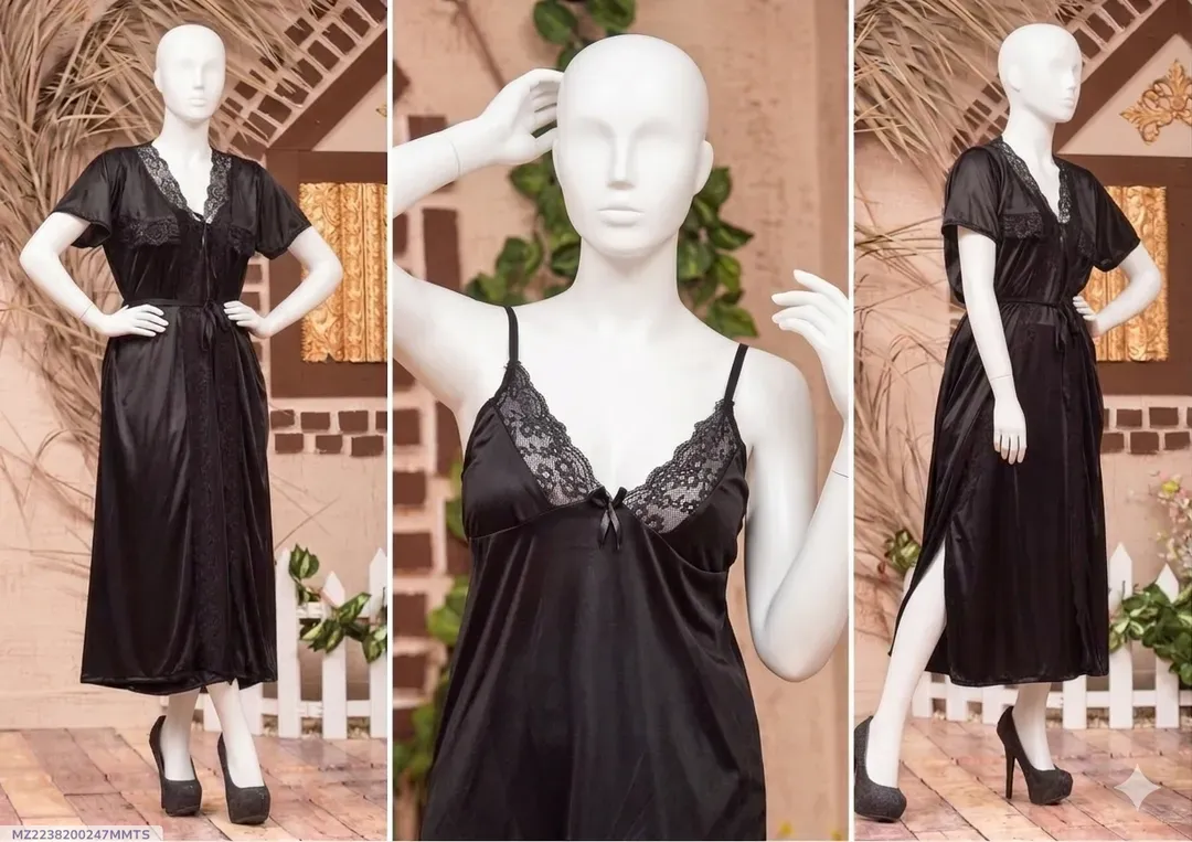 Black Silk Lace Night Suit 3 Pcs Women Fabric
