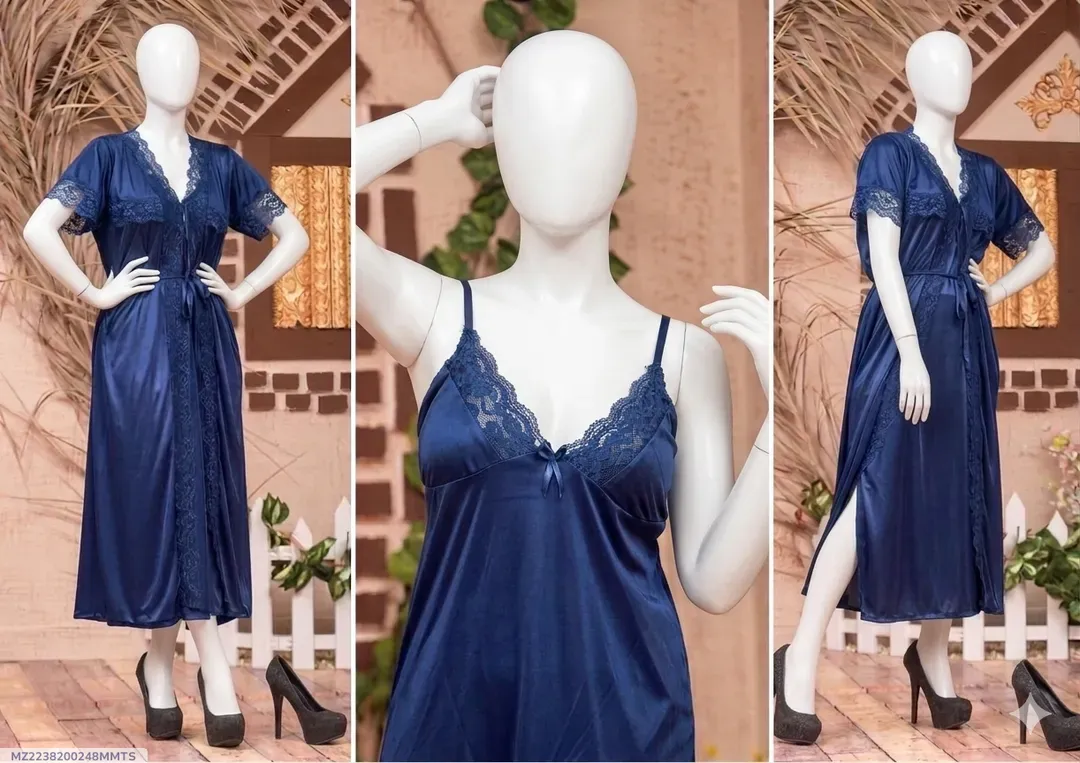 Blue Silk Lace Night Suit 3 Pcs Set