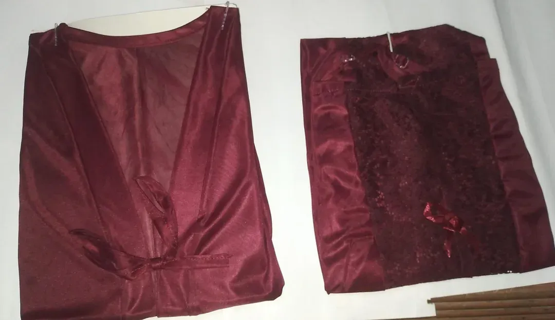 Maroon Silk Lace Night Suit 3 Pcs Women