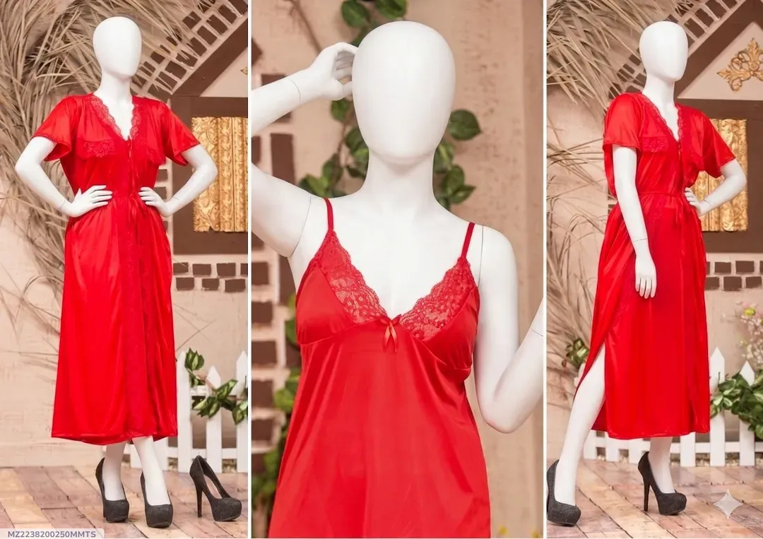Red Silk Lace Night Suit 3 Pcs Women