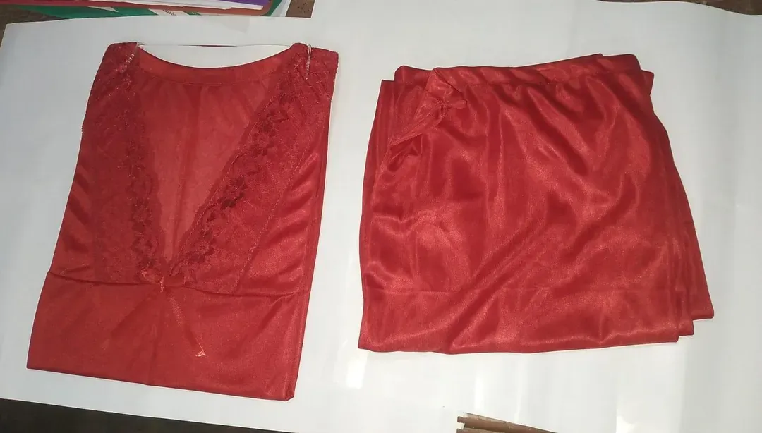 Red Silk Lace Night Suit 3 Pcs Women