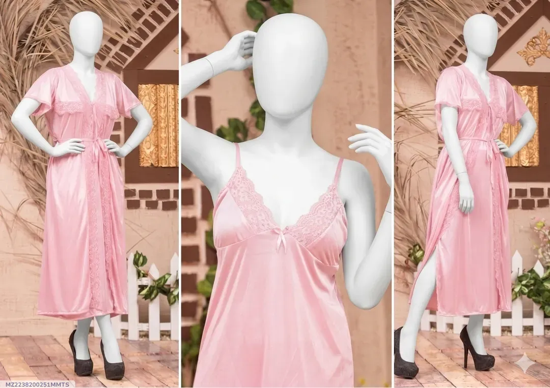 Pink Silk Night Suit 3 Pcs Set for Women