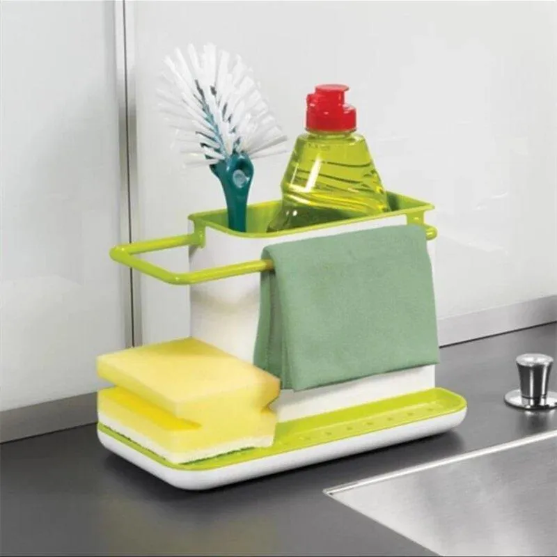 3 in 1 Kitchen Sink Organizer Draining Holder, Towel Rack, Storage Box for Soap and Sponges.