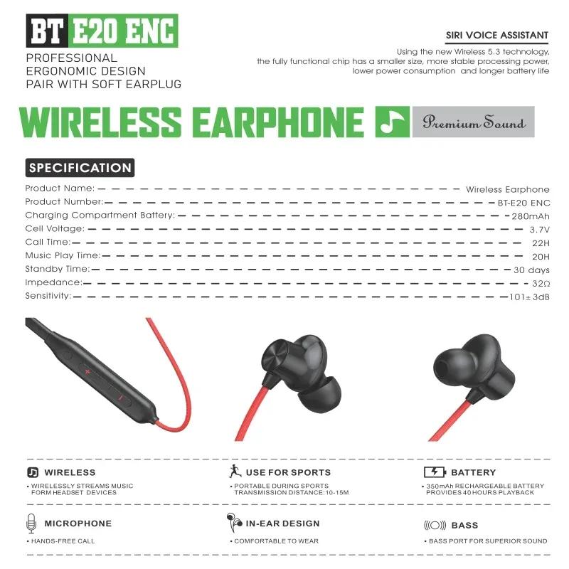 BT-E20 ENC Wireless Bluetooth 5.3 Neckband Music Call Player