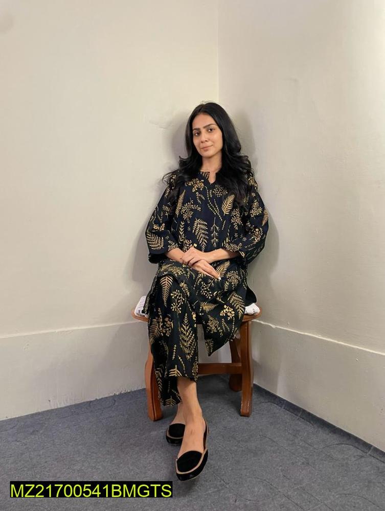 2 Pcs Women's Stitched Linen Plain Suit