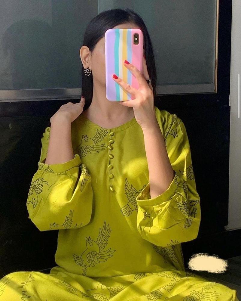 2 Pcs Women's Stitched Linen Printed Shirt And Trouser - Mustard