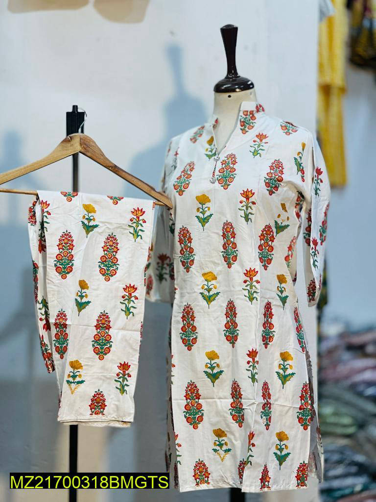 2 Pcs Women's Stitched Linen Block Printed Suit