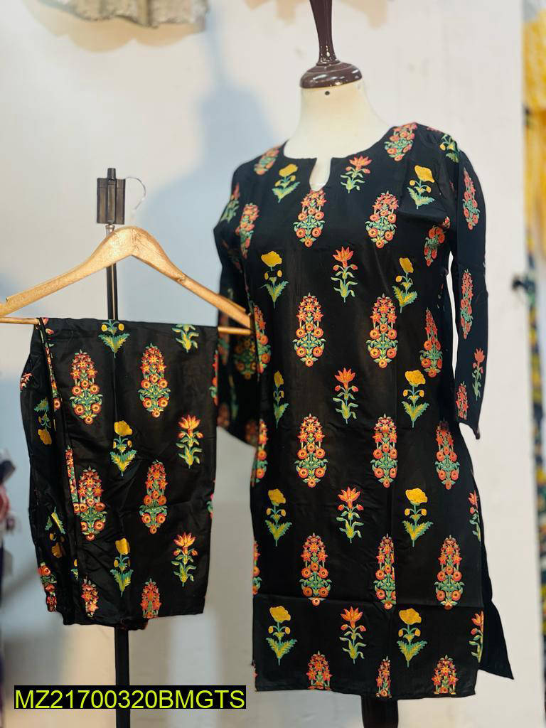 2 Pcs Women's Stitched Linen Block Printed Suit