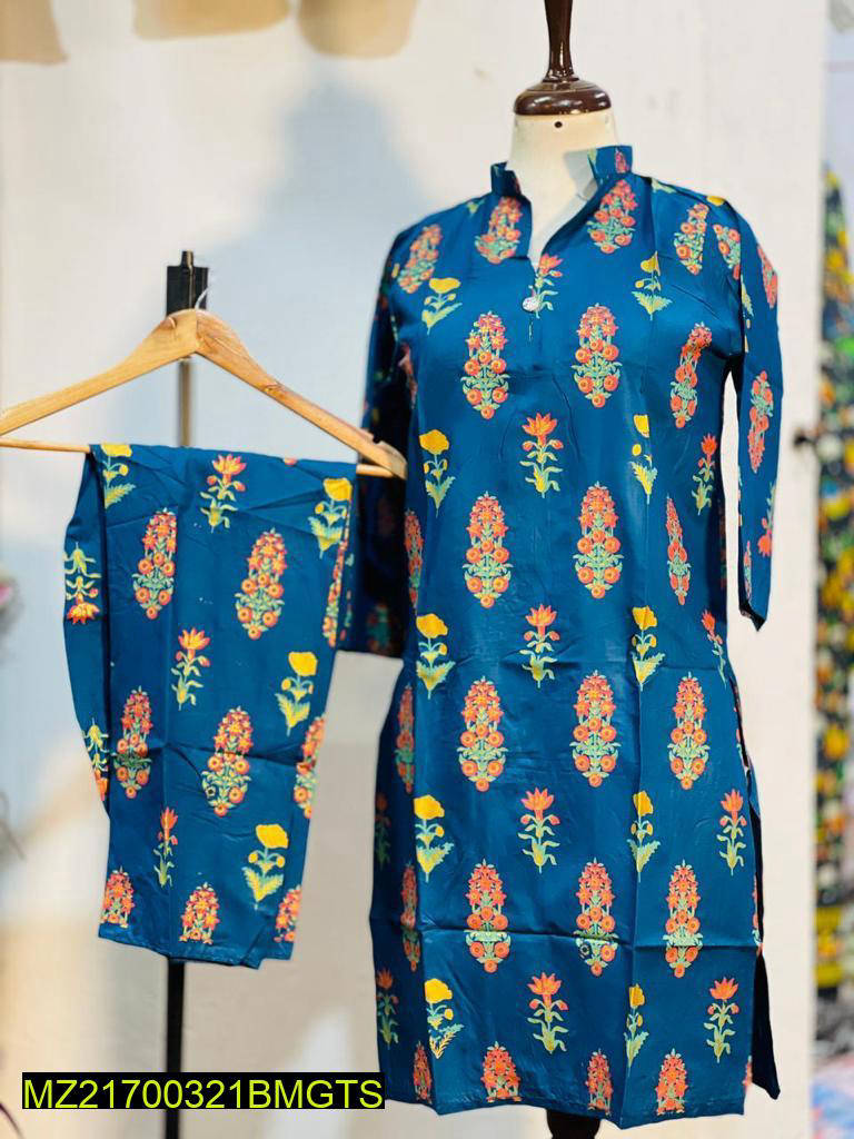 2 Pcs Women's Stitched Linen Block Printed Suit