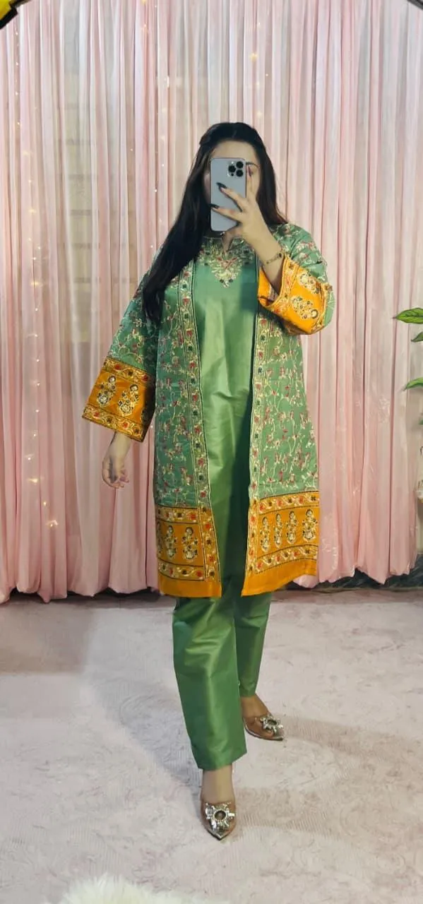 Women's 3 Pcs Embroidered Cotton Gown Suit Yellow Eid 2026