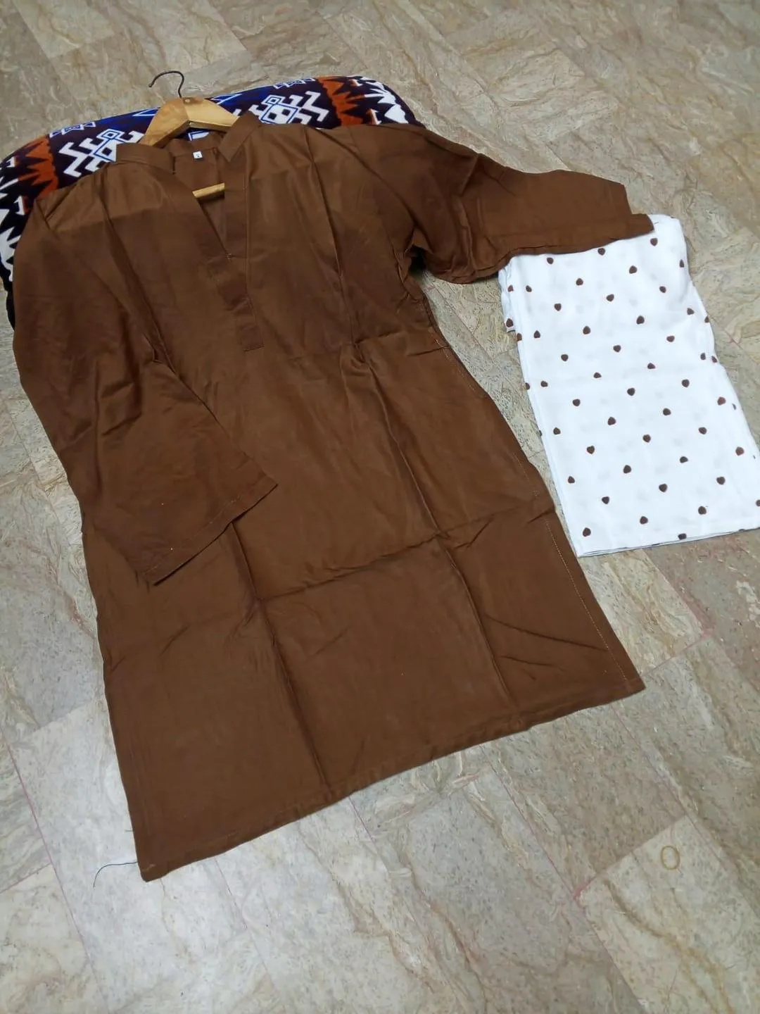 Women Linen 2Pcs Set Brown V-Neck Shirt & Embroidered Trouser