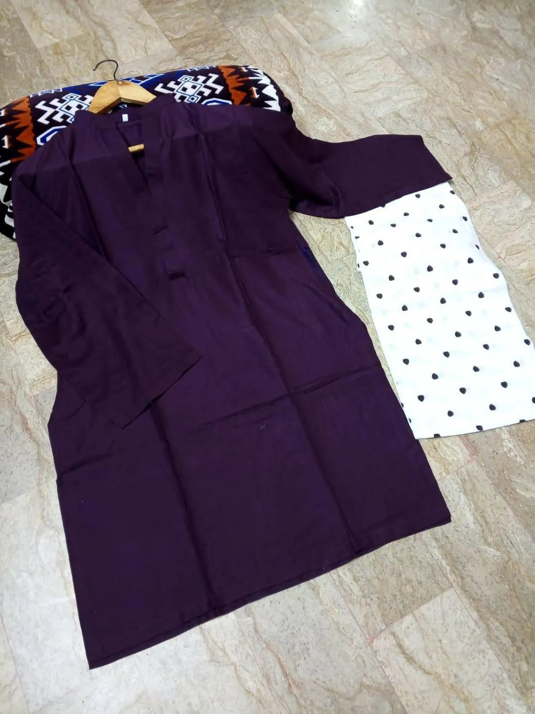 2 Pcs Women Linen Shirt Trouser Purple V Neck Embroidered