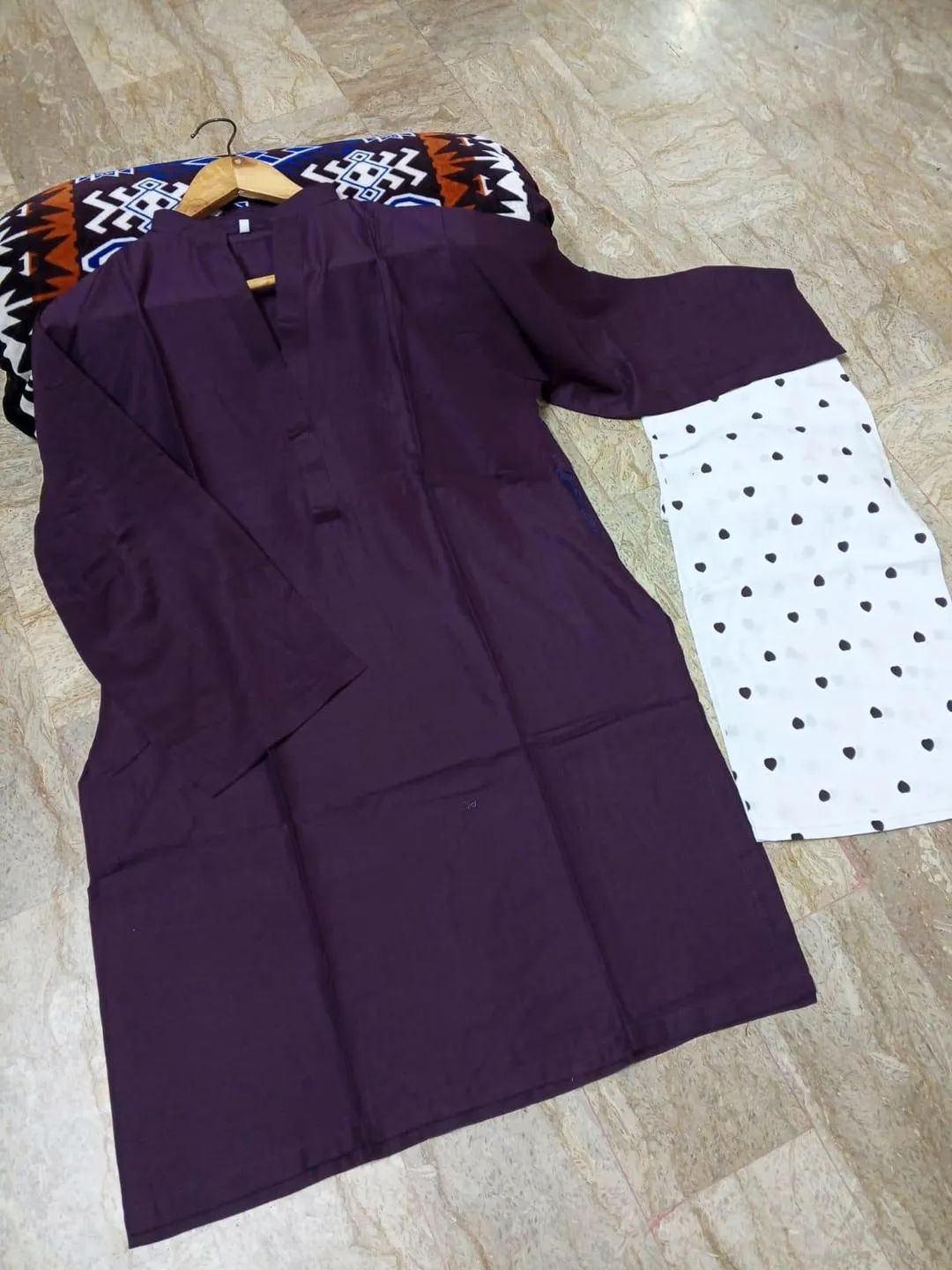2 Pcs Women Linen Shirt Trouser Purple V Neck Embroidered