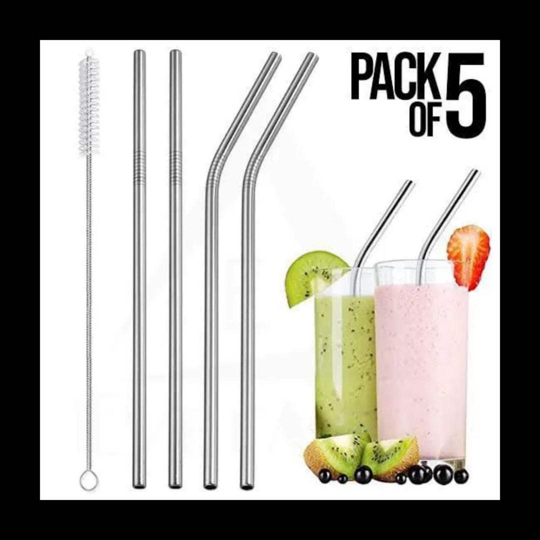 5-Pack Metal Straw Reusable Stainless Steel Drinking Straws Set With Cleaning Brush