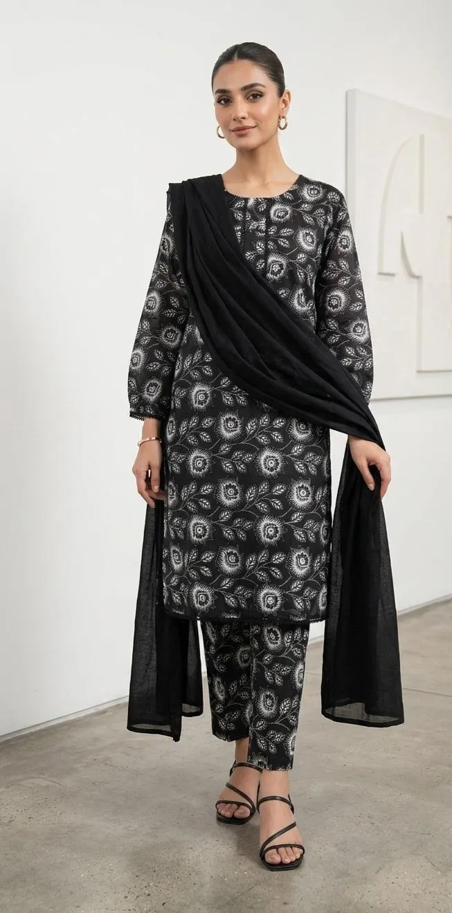 3 Pcs Women's Stitched Lawn Digital Print Suit Black Special