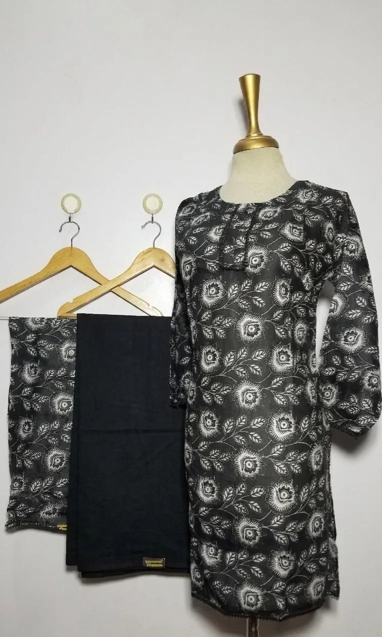 3 Pcs Women's Stitched Lawn Digital Print Suit Black Special