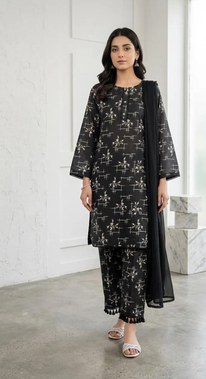 3 Pcs Women's Stitched Lawn Digital Print Suit Black Special