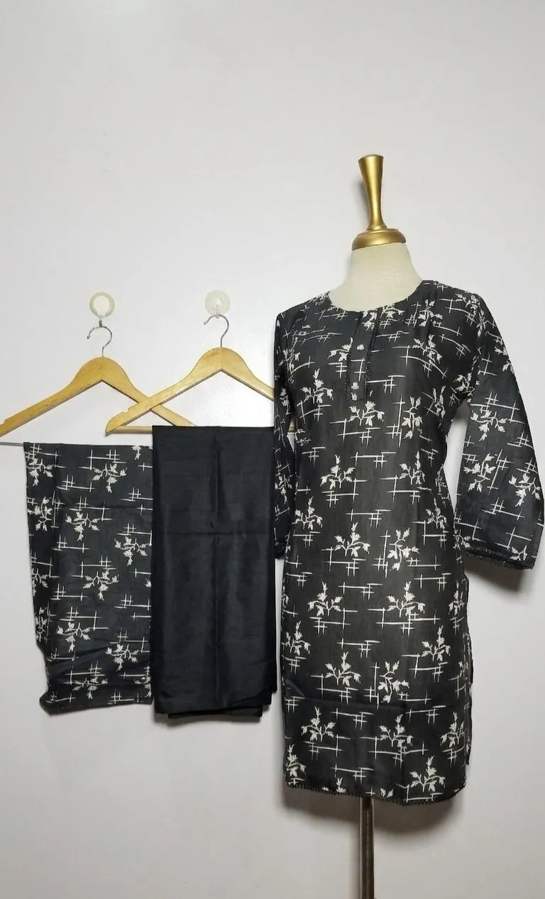 3 Pcs Women's Stitched Lawn Digital Print Suit Black Special