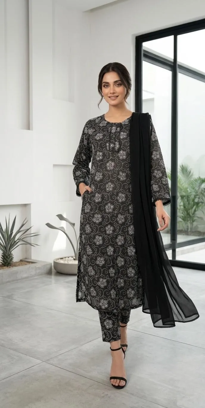 3 Pcs Women's Stitched Lawn Digital Print Suit Black Special