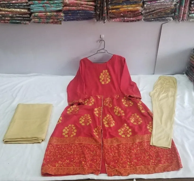 Red Block Printed Arabic Lawn Maxi Set for Women