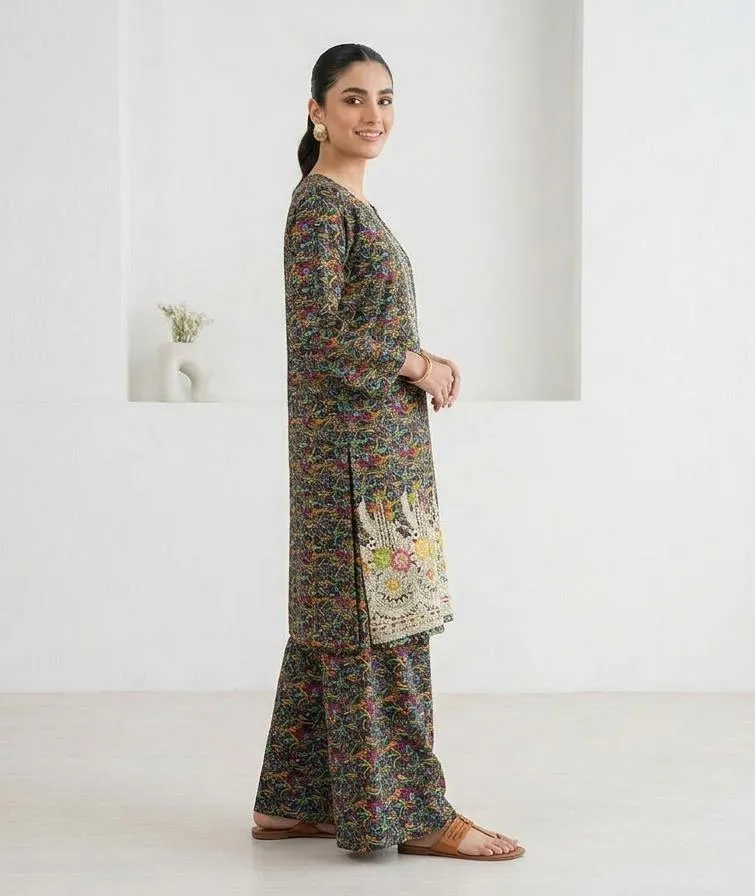 Pakistani Printed Kurta Pajama Set with Embroidered Details