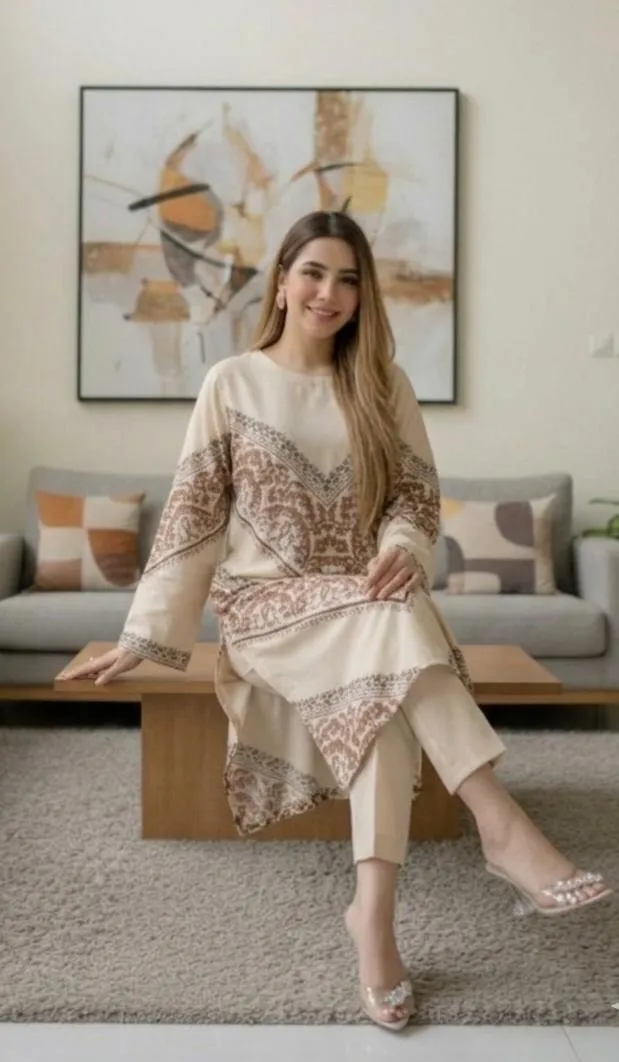 2 Pcs Women's Stitched Silky Lawn Printed Shirt And Trouser (Karishma)