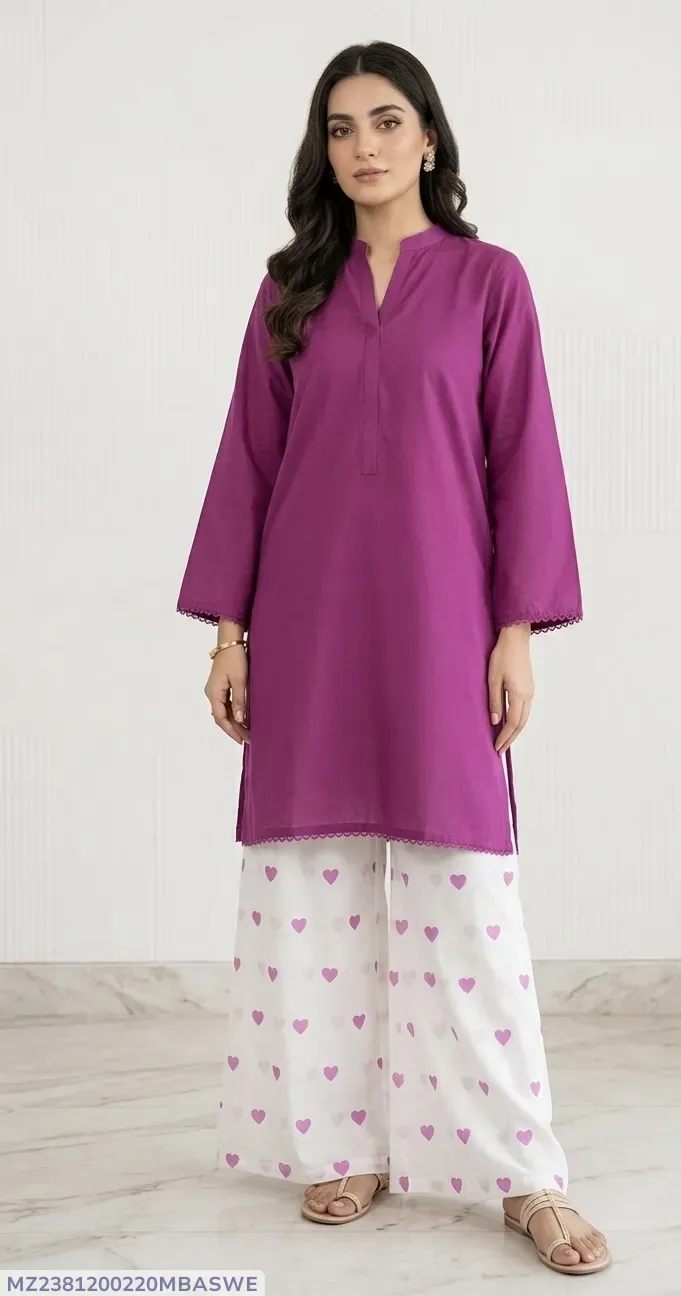 2Pcs Women's Stitched Cotton Lawn Block Printed Shirt And Flapper Viral Heart Printed
